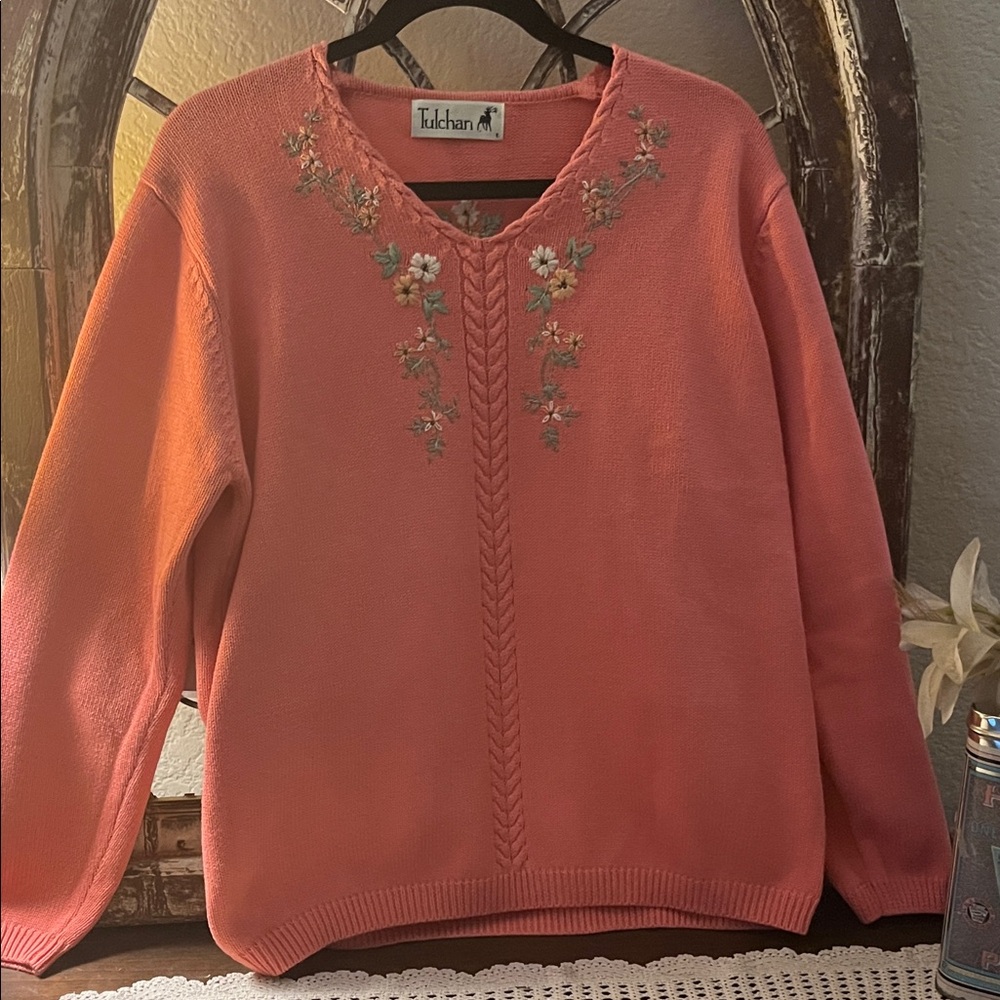 Coral Scoop Neck Embroidered Sweater